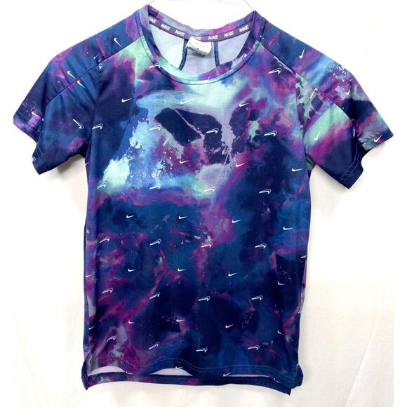 NIKE DRI-FIT Boys Blue Purple Green Logo Swoosh Short Sleeve T-Shirt Size M - Picture 2 of 6